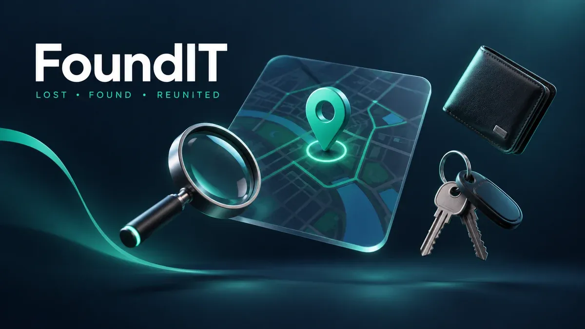 Concept illustration of a map pin, search, and lost belongings for FoundIT