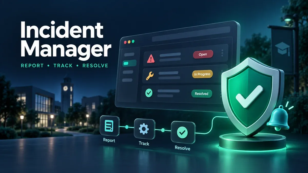 Concept illustration of incident tracking with a shield, notifications, and a resolution workflow